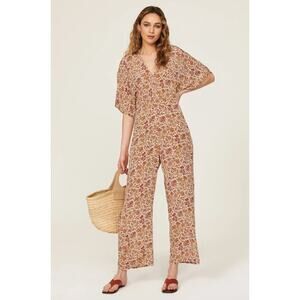 Vanessa Bruno Lelie Floral Jumpsuit Red Cream V-Neck Wide Leg Sz 38
